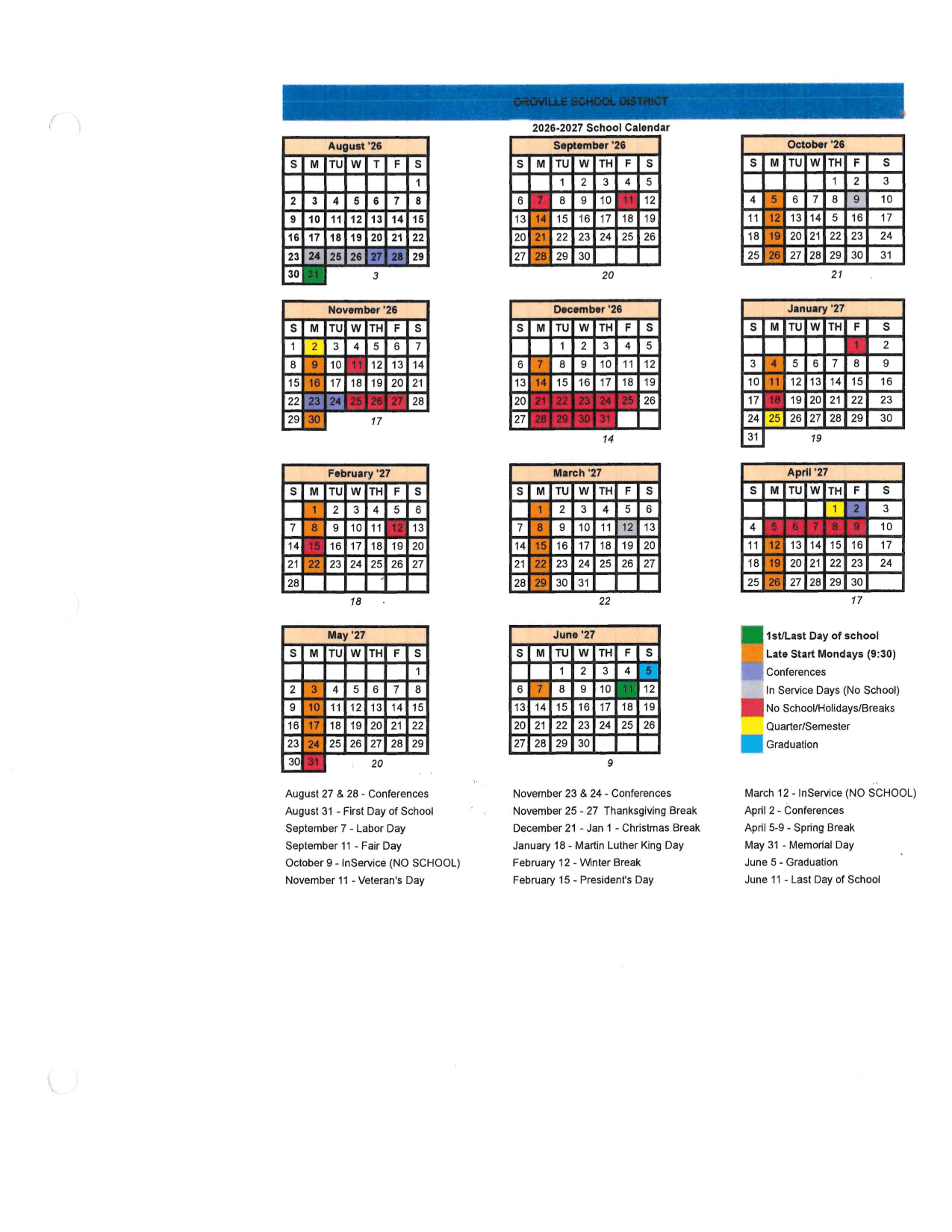 Oroville School District Calendar 26-27 pdf