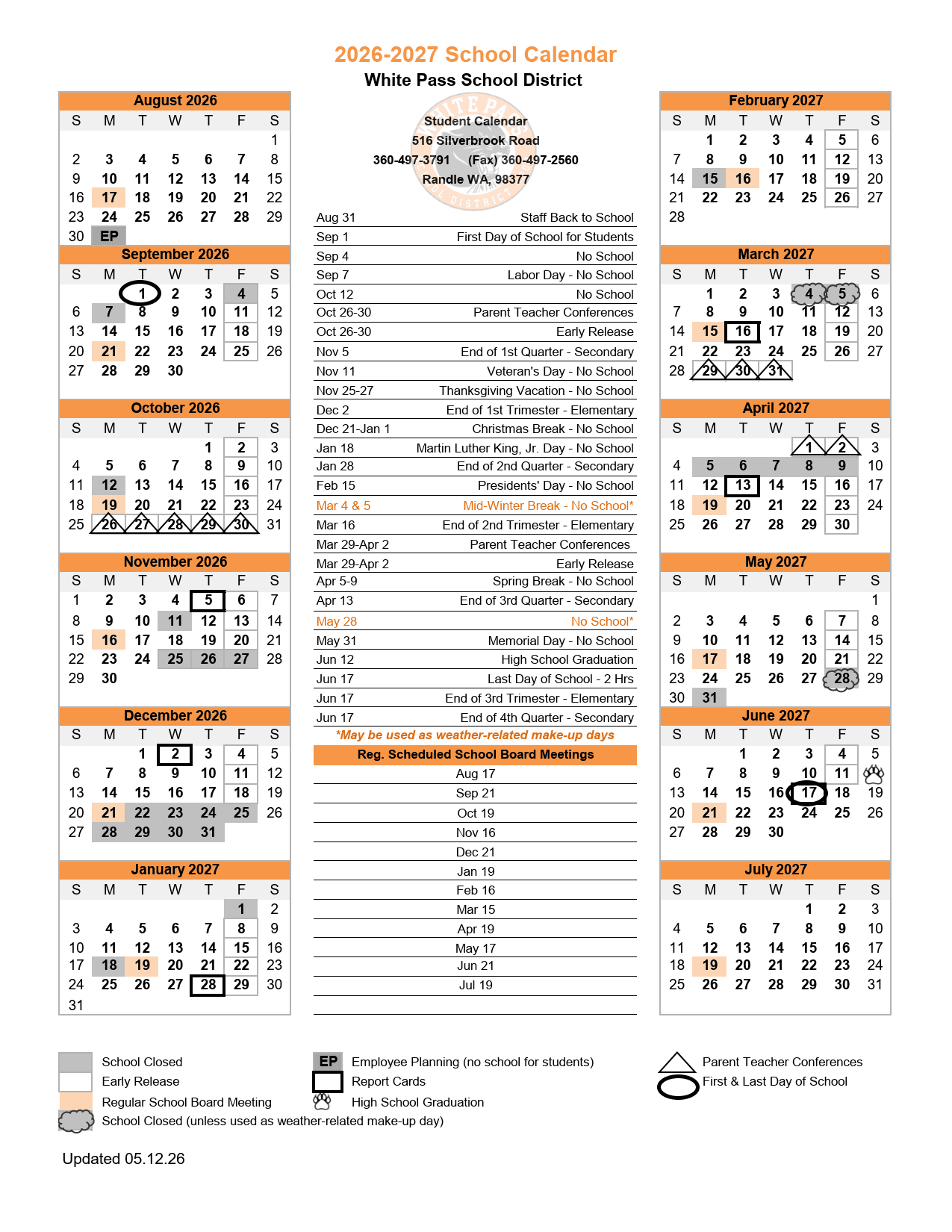 White Pass School District Calendar 26-27 pdf