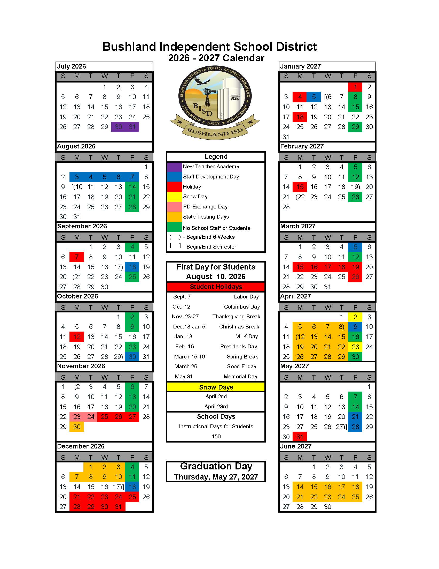 Bushland Independent School District Calendar 26-27 pdf