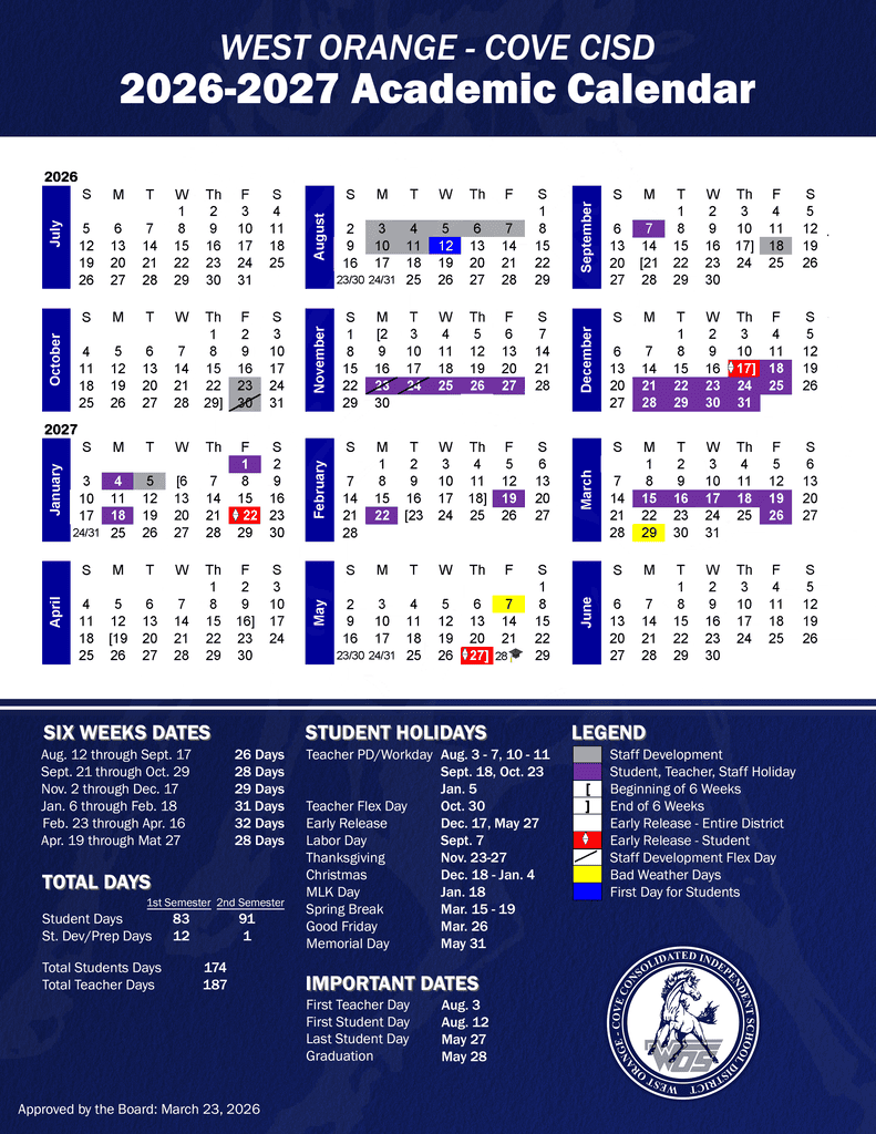 WEST ORANGE - COVE CISD Calendar 26-27 pdf