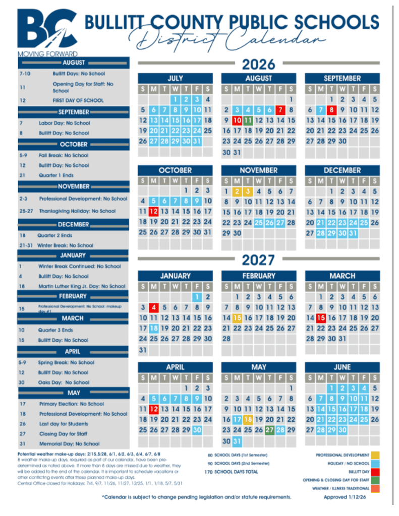 Bullitt County Public Schools Calendar 26-27 Revised