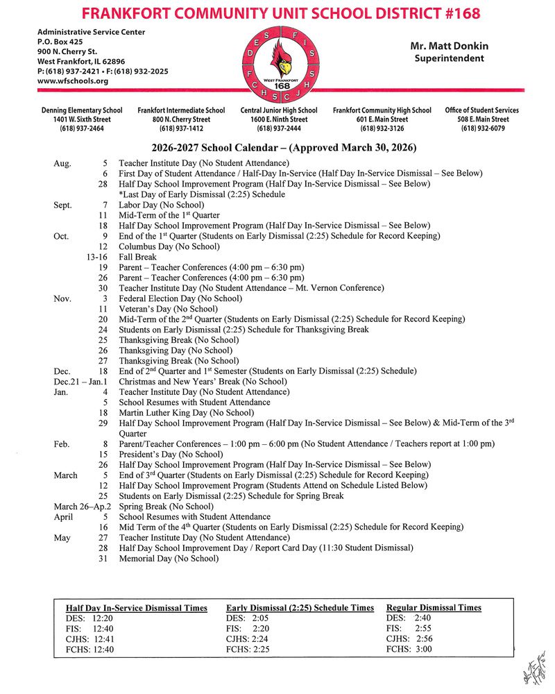 Frankfort Community Unit School District #168 Calendar 26-27 pdf